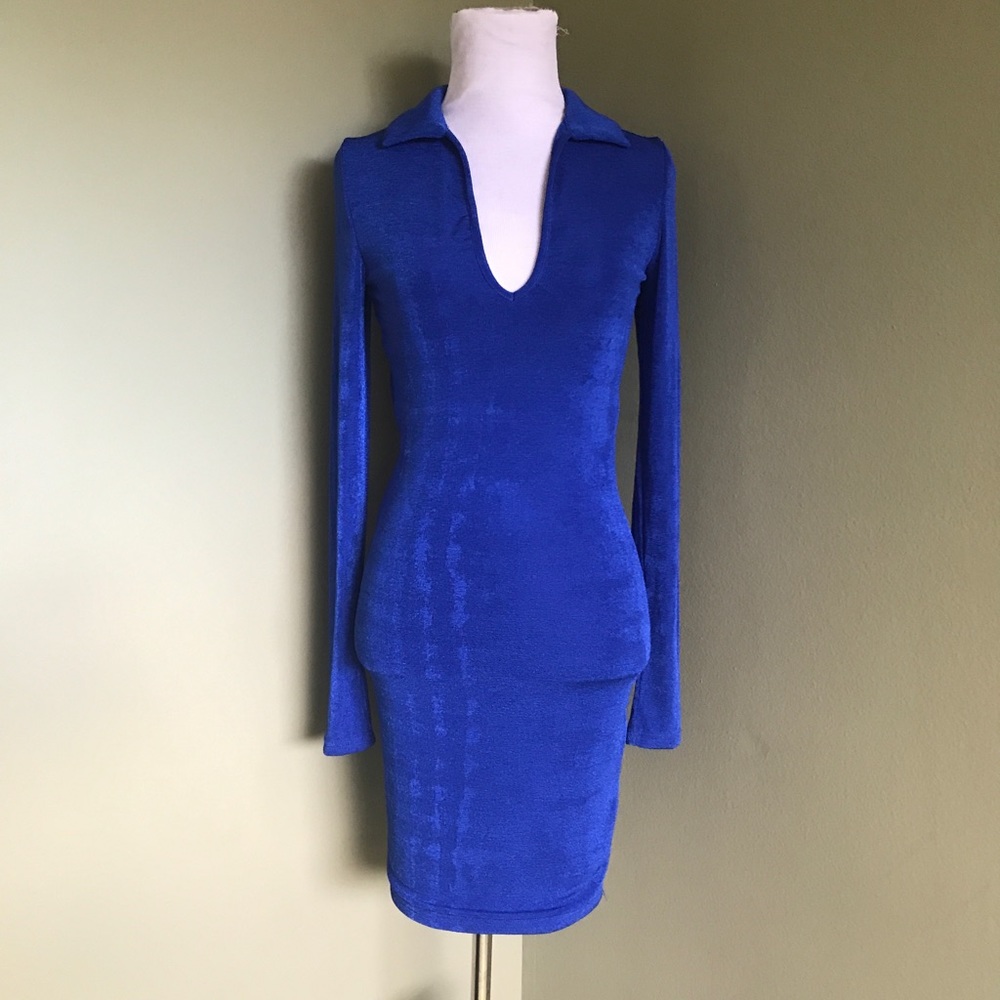 Pepper Mayo Tornado Collared Cut out Stretchy Blue Long Sleeve dress Size 4